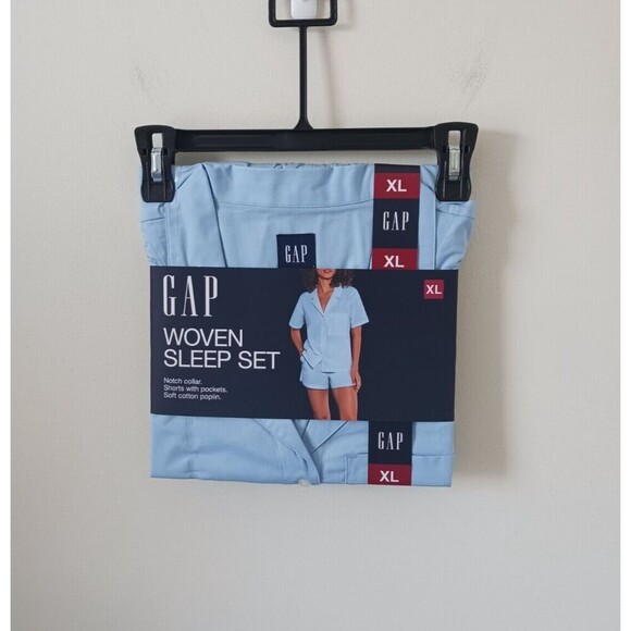 GAP Notch Collar Top & Short Woven Sleep Set Soft Cotton Poplin Blue XL - Picture 1 of 4